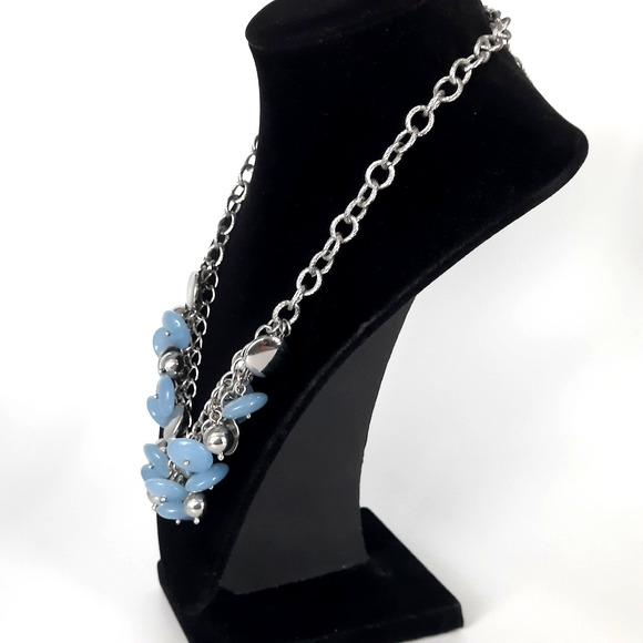 NWT Talbots Blue & Silver Tone Beaded Textured Chain Link Necklace 18" + 3" Ext - Picture 2 of 6